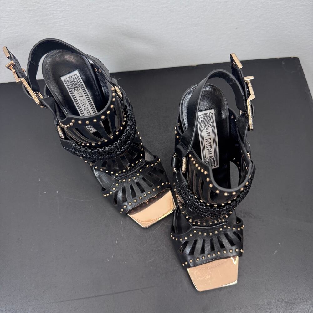 Ivy Kirzhner NY Strappy Studded Black Gold Heels Sandals Punk Glam Designer 7.5m - Picture 8 of 8